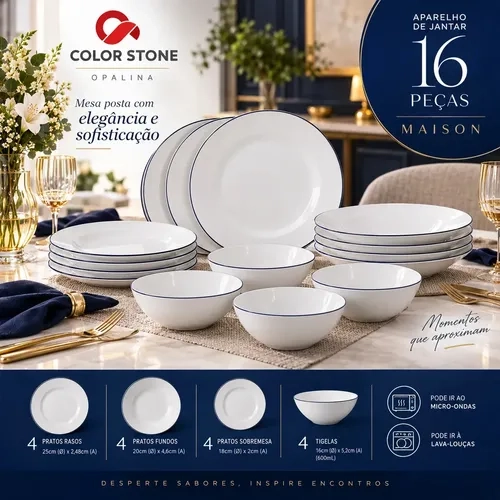 Aparelho de Jantar Nhame 16 Peças em Opalina Branca com Borda Azul Completo com Pratos Rasos Fundos Sobremesa e Tigelas para 4 Pessoas Mesa Posta