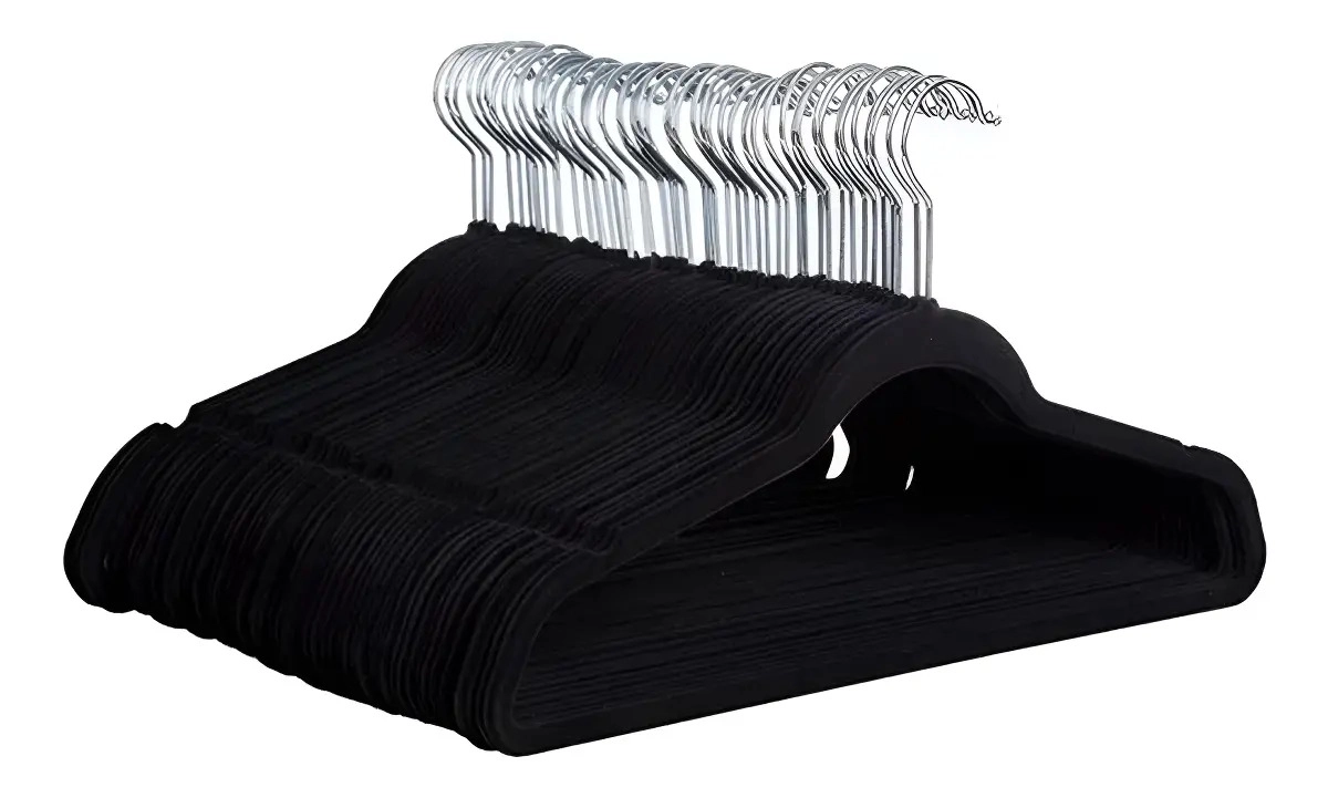 Cabides Veludo Mazzilli Preto Antiderrapantes Kit 100 com Gancho Giratório