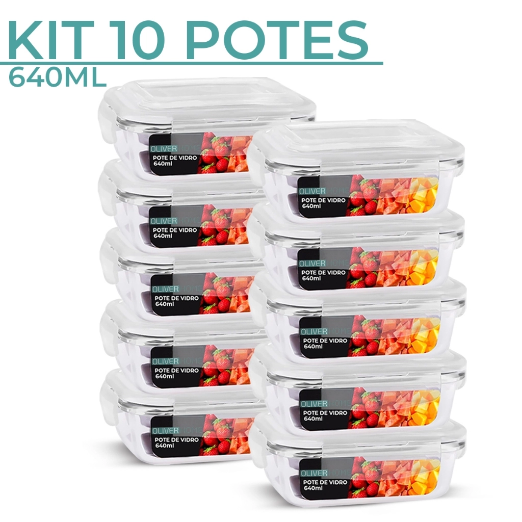Kit 5/10 Potes de Vidro 370/640/1040ml Hermético Marmita Fit com Tampa 4 Travas