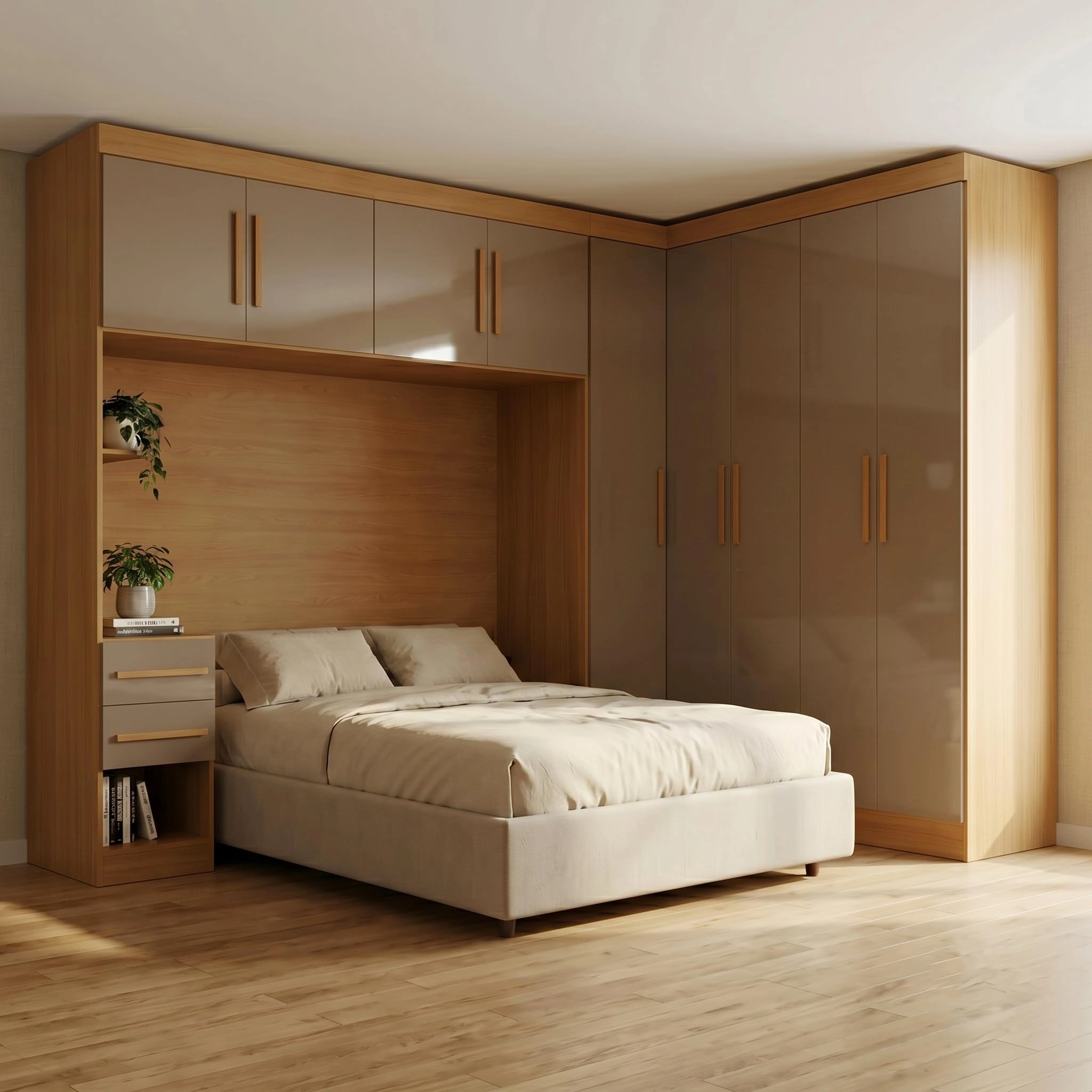 Guarda Roupa Casal Modulado 3 Peças 9 Portas 5 Gavetas com Cabeceira em MDF Yescasa Cinamomo/Cappuccino Cinamomo Cappuccino