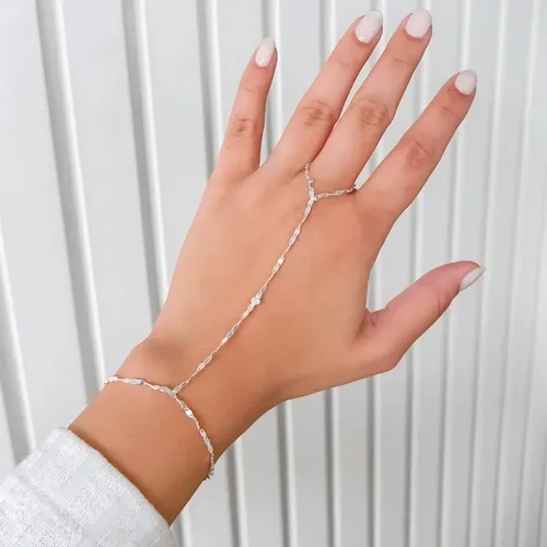 Pulseira Feminina Hand Chain Allis Prata Anéis Minimalistas