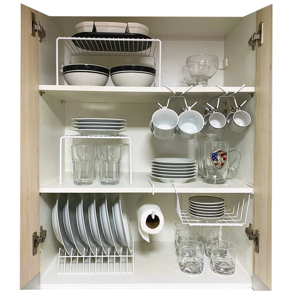 Kit Organizador para Cozinha Armário Prateleira Aramado Armazenamento Xícaras Porta Pratos Cesto 7 Un - Branco