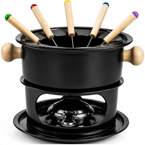Kit Para Fondue 11 Peças Completo Preto Aparelho Para Queijo Chocolate Carne Com Garfos Base E Petisqueira Antiaderente