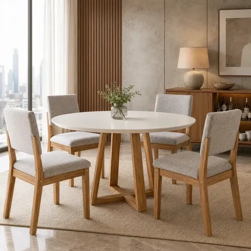Conjunto Mesa de Jantar Redonda Valentina com 4 Cadeiras Bell Estofadas em Linho Inox Mel Off White Nature Tampo MDP para Sala Cozinha Apartamento Área Gourmet Design Moderno Compacto