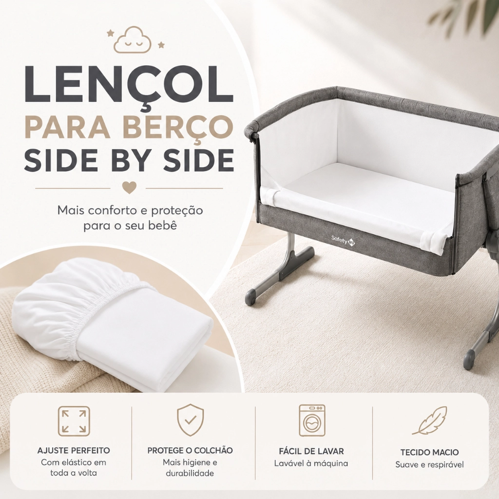 Lençol Para Berço Moises / Cosco 82cm x 52cm x 4cm Micro Percal 400 Fios Side By Side