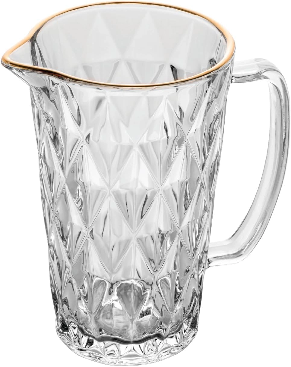 Jarra de Vidro Lapidado 1,1L com Borda Dourada – Design Luxuoso, Resistente e Ideal para Água, Suco e Drinks