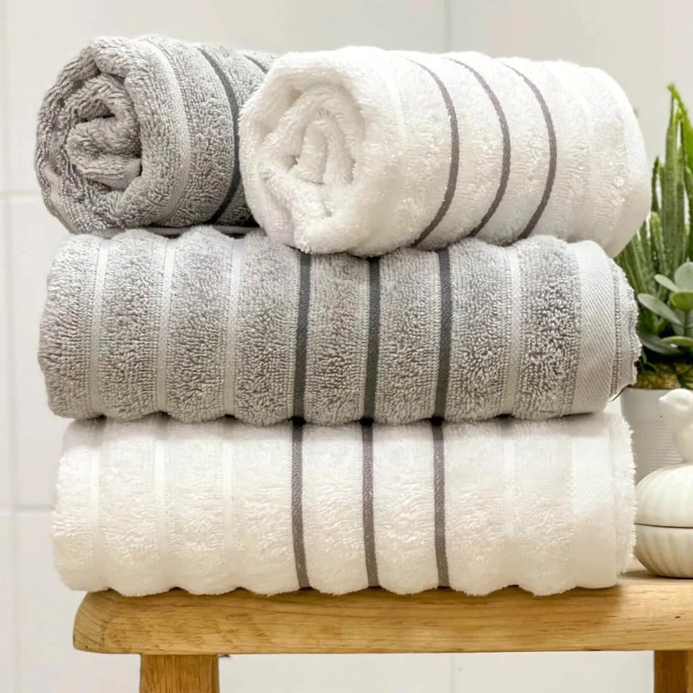 Jogo de Toalha Ondas 100% Algodão 450g/m² 4 Peças Banho e Rosto (Branco e Cinza)