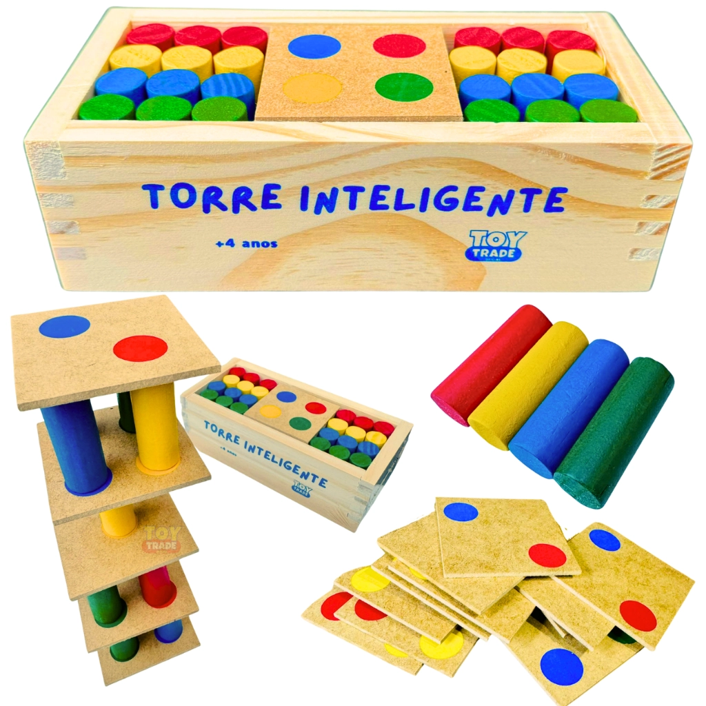Jogo Torre Inteligente Toy Trade 34 Peças de Madeira para Coordenação e Lógica Infantil Empilhar