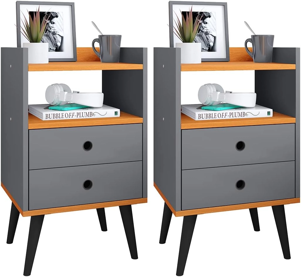 Jogo Quarto Casal Kit Mesa de Cabeceira Retrô com Gaveta Mesinha Canto Moderna Decoração Ambiente - Cinza/Cinamomo- RPM
