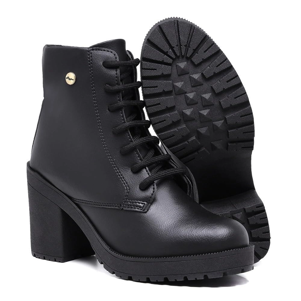 Bota Feminina Cano Curto Fashion Salto Alto Tratorado Confortável (39, Preto)