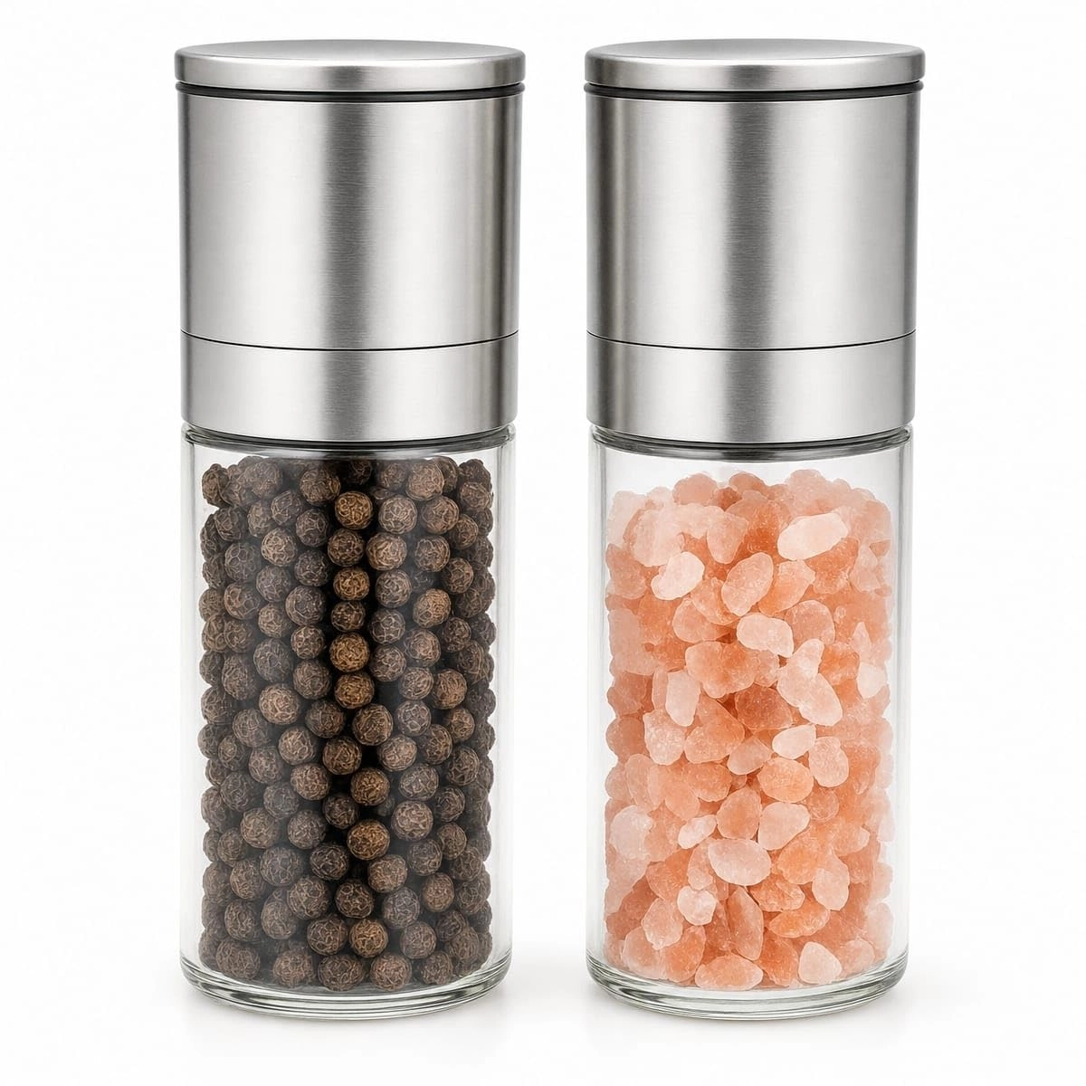 Kit 2 Moedores de Sal e Pimenta Acrílico Inox Mecanismo de Cerâmica | Moagem ajustável fino a grosso, sal rosa Himalaia, pimenta do reino, tampa anti-umidade, mesa e churrasco, lavar à mão