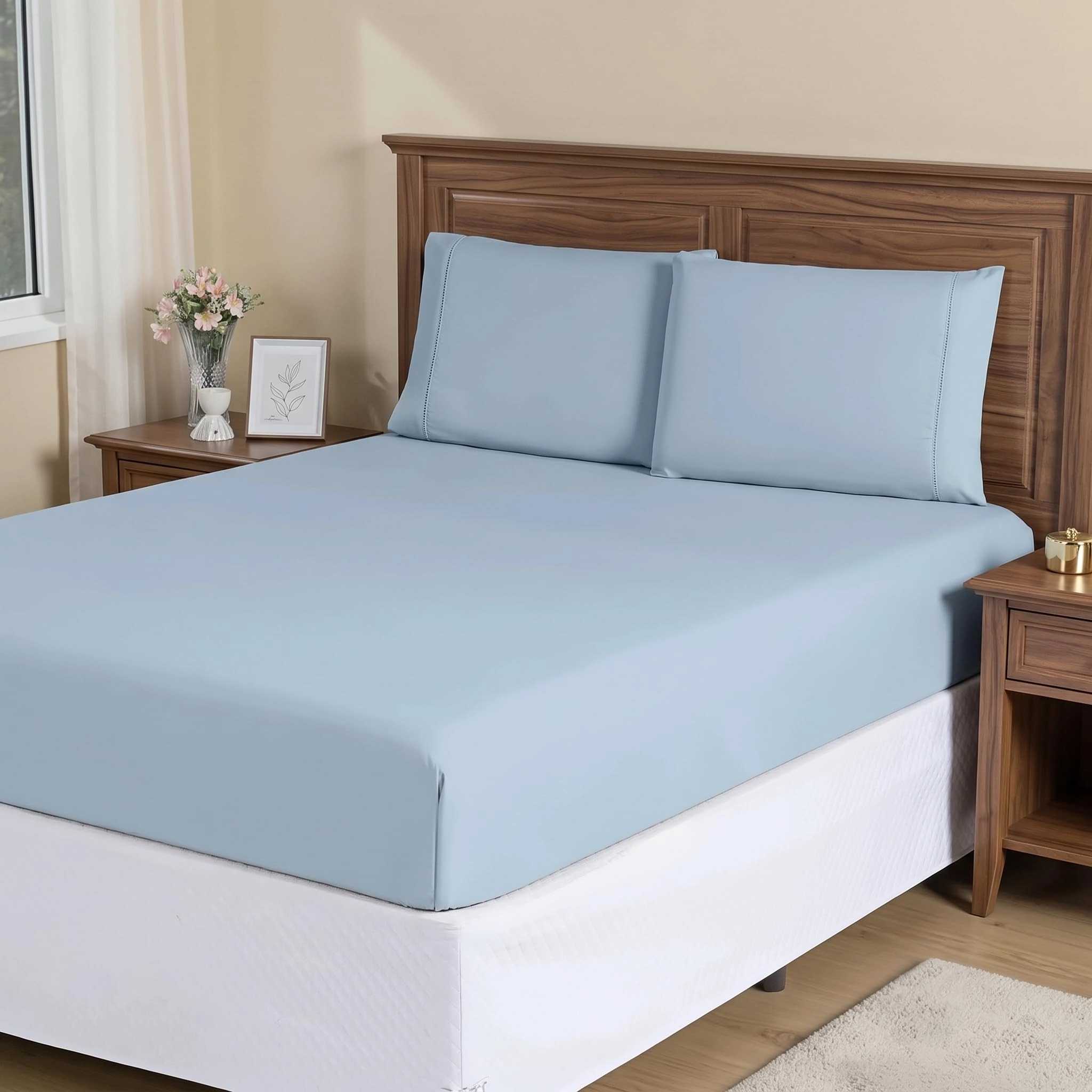 Lençol Casal com Elástico 3 Peças Micropercal 400 Fios Ponto Palito - Jogo de Cama Toque Acetinado de Hotel (Antiácaro e Não Amassa) - [AZUL]