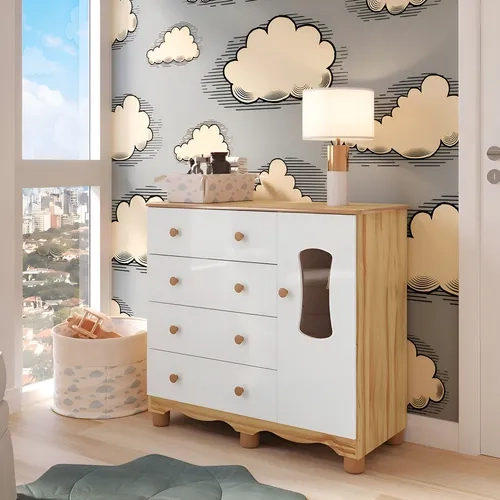 Cômoda Infantil 1 Porta Com Janela E 4 Gavetas 100% Mdf Wt