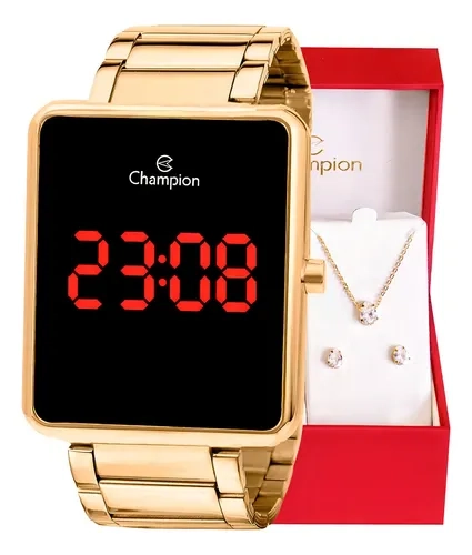 Kit Relógio Feminino Champion Digital Dourado Colar Brincos Cor do fundo led vermelho CH40086V Com Pulseira em Aço Inoxidável Presente Perfeito Namorada Mãe Esposa