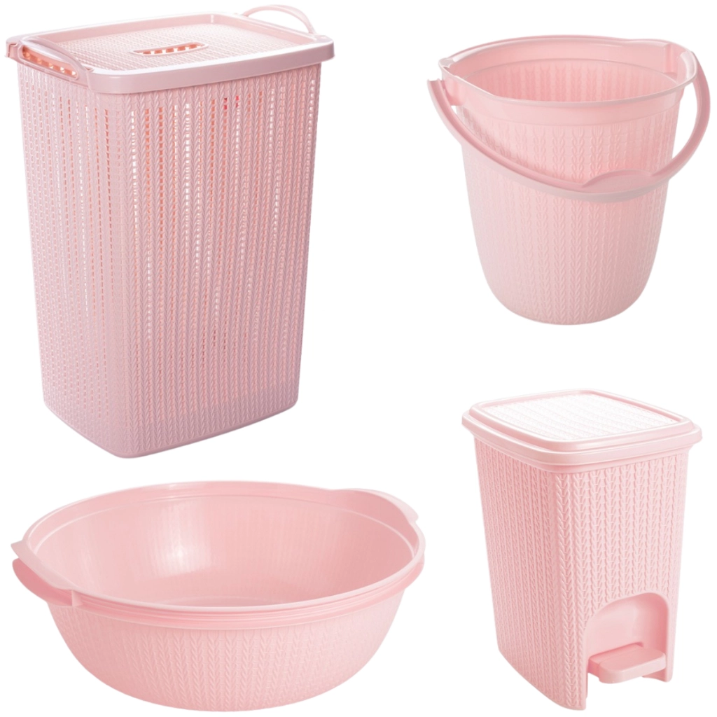Kit 4 Peças Com Cesto de Roupas ou Banheira Bebê Plasútil Trama Com Bacia Balde e Lixeira Infantil