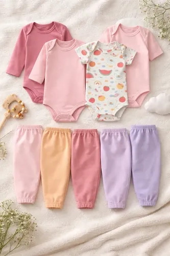 Kit 8 Peças Enxoval Bebê 4 Mijão 2 Body Manga Longa 2 Curta