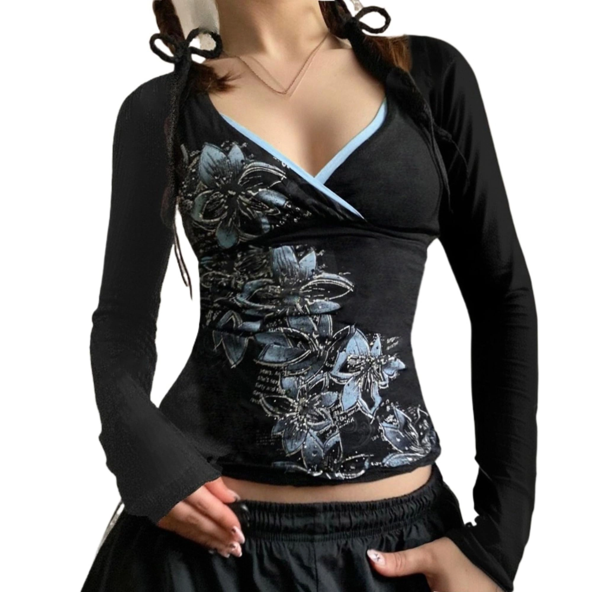 GGOOB Blusa Feminina Y2K com Decote Em V, Estampa Floral, Estilo Grunge Vintage, Manga Longa, Anos 2000, Emo, Fofa, para Adolescentes (Preta E Azul, Tamanho G)