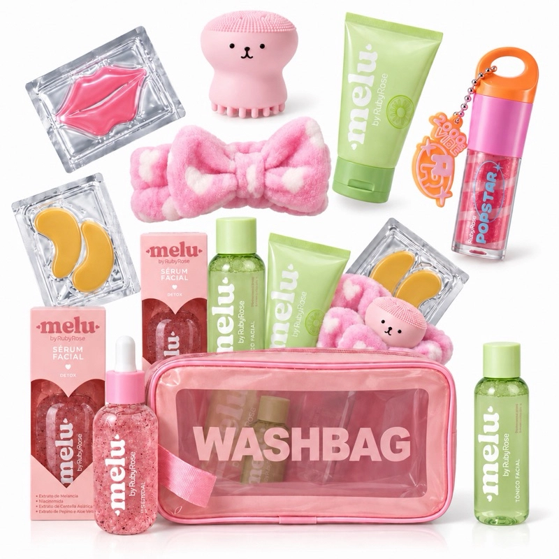 Kit Skincare Teen Melu By Ruby Rose Completo Com Necessaire Tiara Sérum Creme Gloss E Máscaras