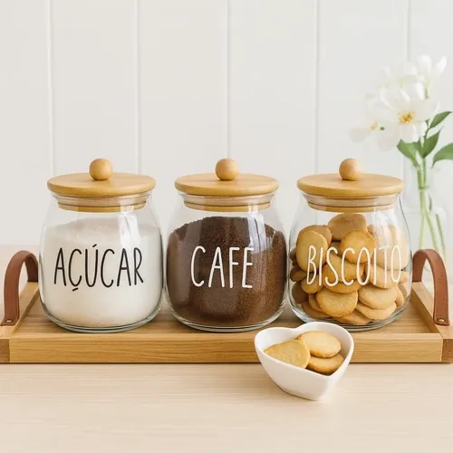 3 Potes De Vidro Luxo Tampa Bambu Açucareiro Cantinho Café