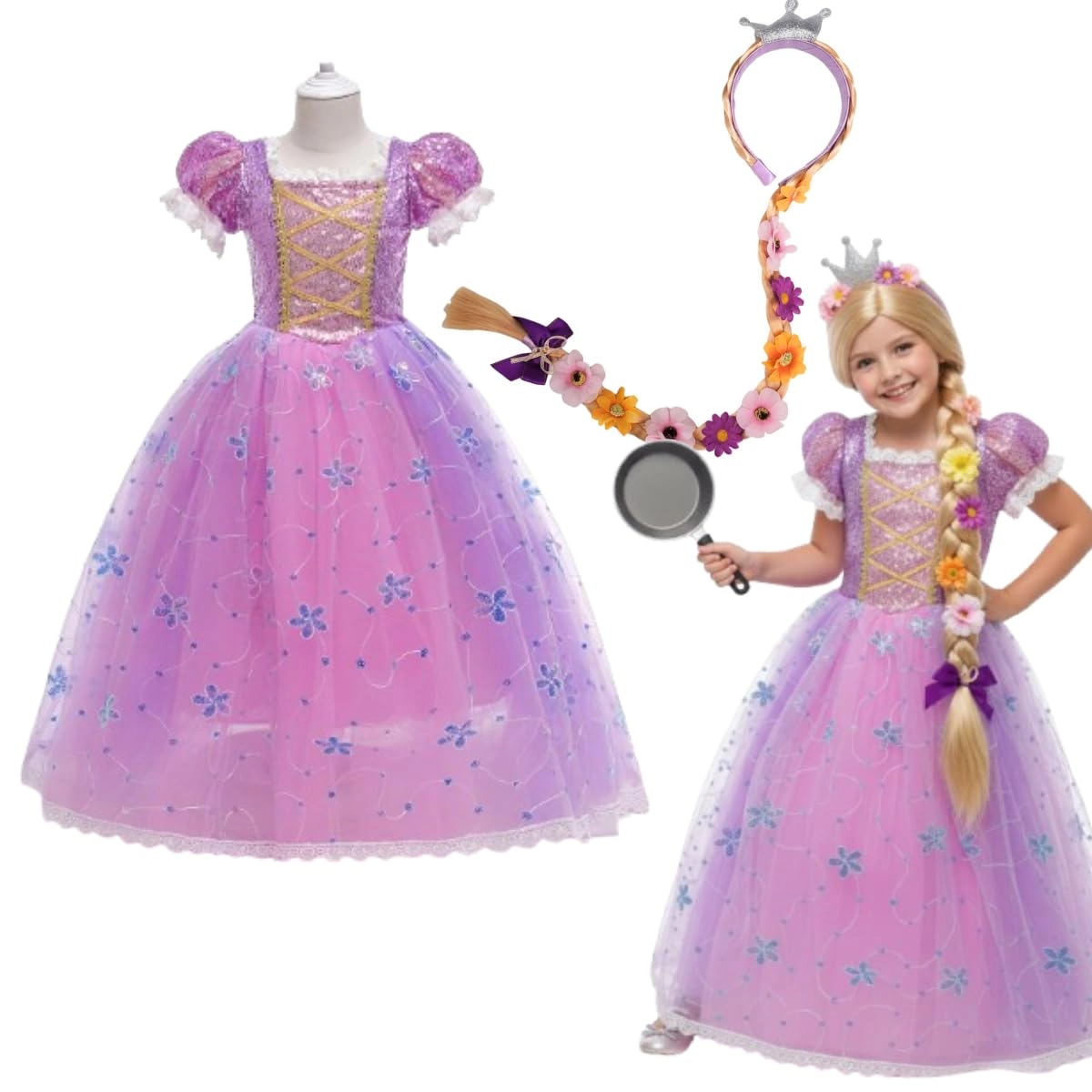 Fantasia Infantil Princesa com Vestido Longo Lilás e Rosa + Tiara com Trança Luxo para Festa Aniversário e Carnaval