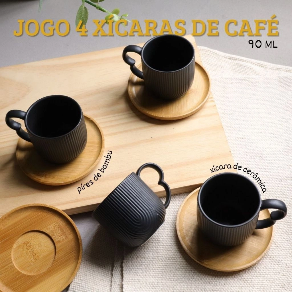 Jg Xicara de Café C/8pcs 90ml Cerâmica e Bambu Preta Oasis Hauskraft