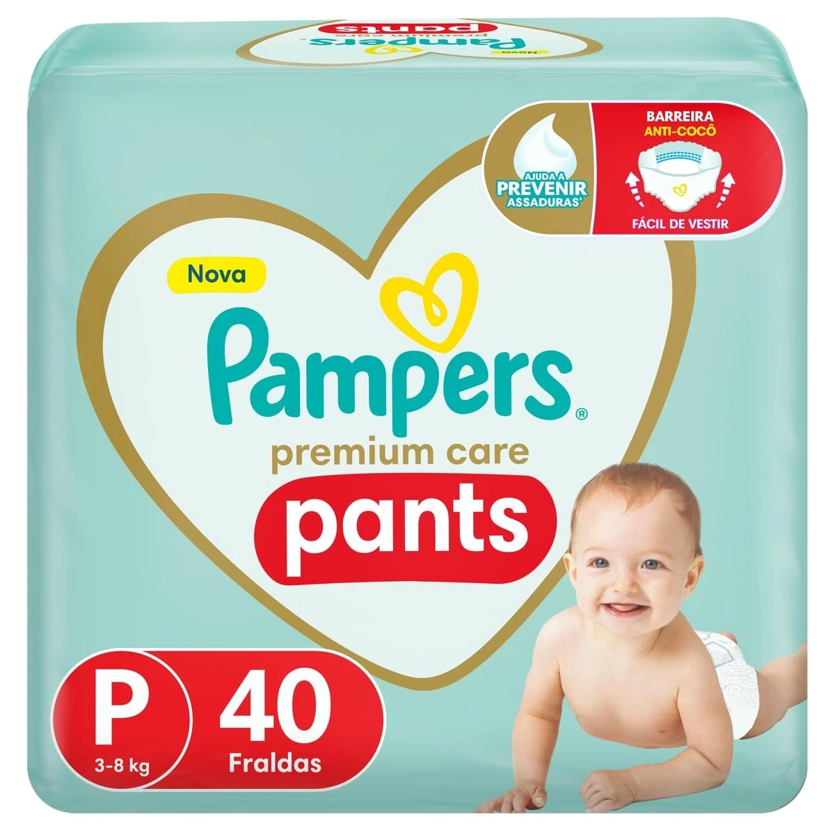 Fralda Pampers Premium Care Pants Tamanho P, Fácil de Vestir, 40 Unidades