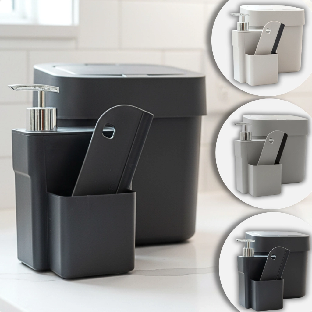 Kit Lixeira Pia De Cozinha 4 Litros E Dispenser Porta Deterente Sabão Bucha Luxo Pequena Kit Organizador Pia Lixeirinha