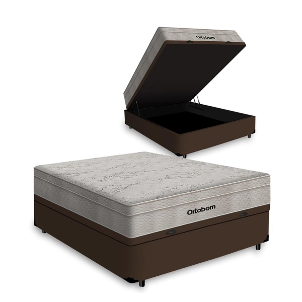 Cama Box Baú Casal + Colchão Ortobom De Molas Ensacadas Airtech Springpocket 138 cm