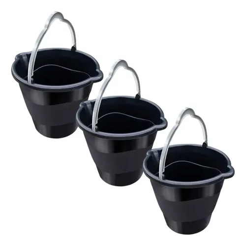 Kit 3 Baldes Para Limpeza Bico Duplo Preto 10 Litros C/ Alça