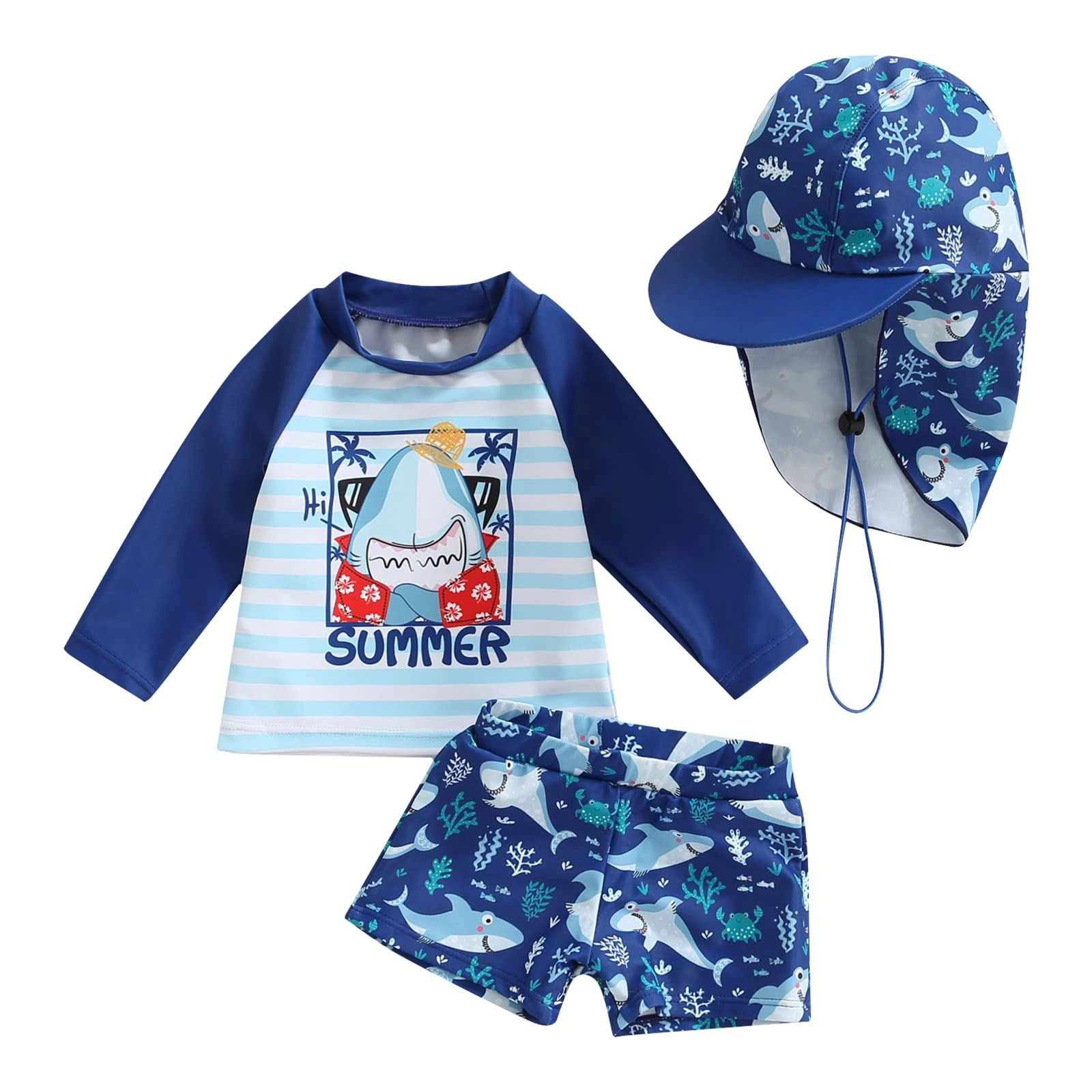 Conjunto de 3 peças de roupa de banho infantil para bebês meninos, dinossauro, tubarão, zíper, FPS 50+ Rash Guards com chapéu, Tubarão listrado azul, 18-24 Months : Moda