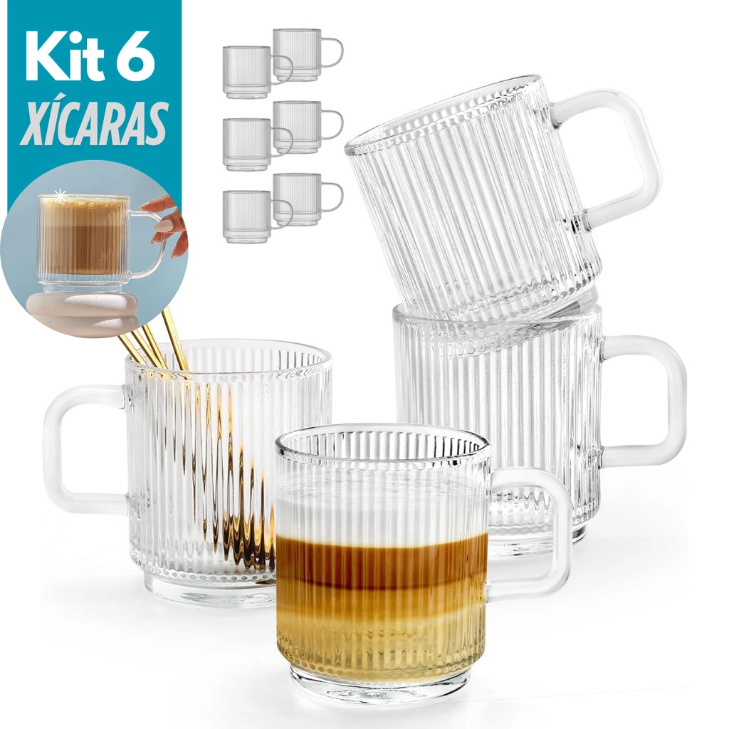 Conjunto 6 Canecas de Vidro Caneladas Xícaras Resistentes Textura Canelado Café