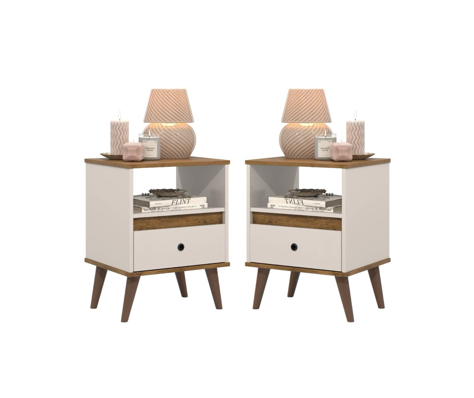 Conjunto kit 2 mesa de cabeceira retro pés palito -Ted- (Off White/Nature)