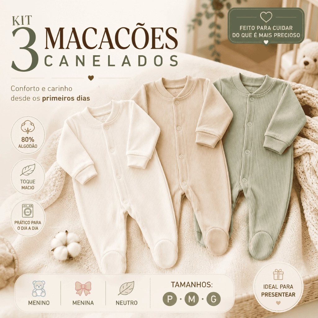 Kit 3 Macacões Bebê Suedine Canelado Manga Longa Com Pé 80% Algodão P M G