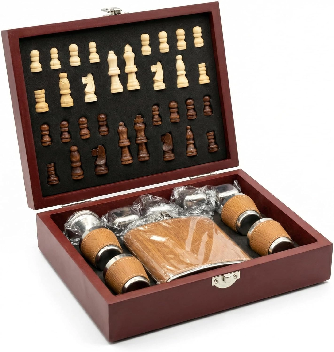 3137 - Kit Jogo de Xadrez e Cantil Maleta com Tabuleiro Dobrável Portátil 4 Copos em Inox e 4 Cubos de Gelo Reutilizáveis