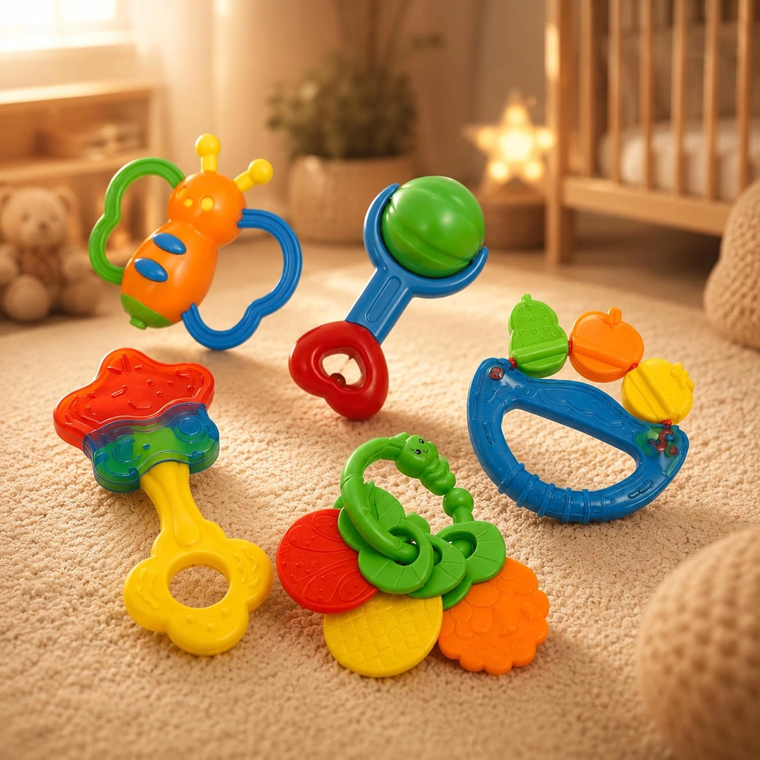 Brinquedo Infantil para Bebês Kit 8 Peças Chocalhos e Mordedores – Coloridos, Brinquedo Educativo, Sensorial e Seguro, Estimula Coordenação Motora, Ideal para 6 a 12 meses