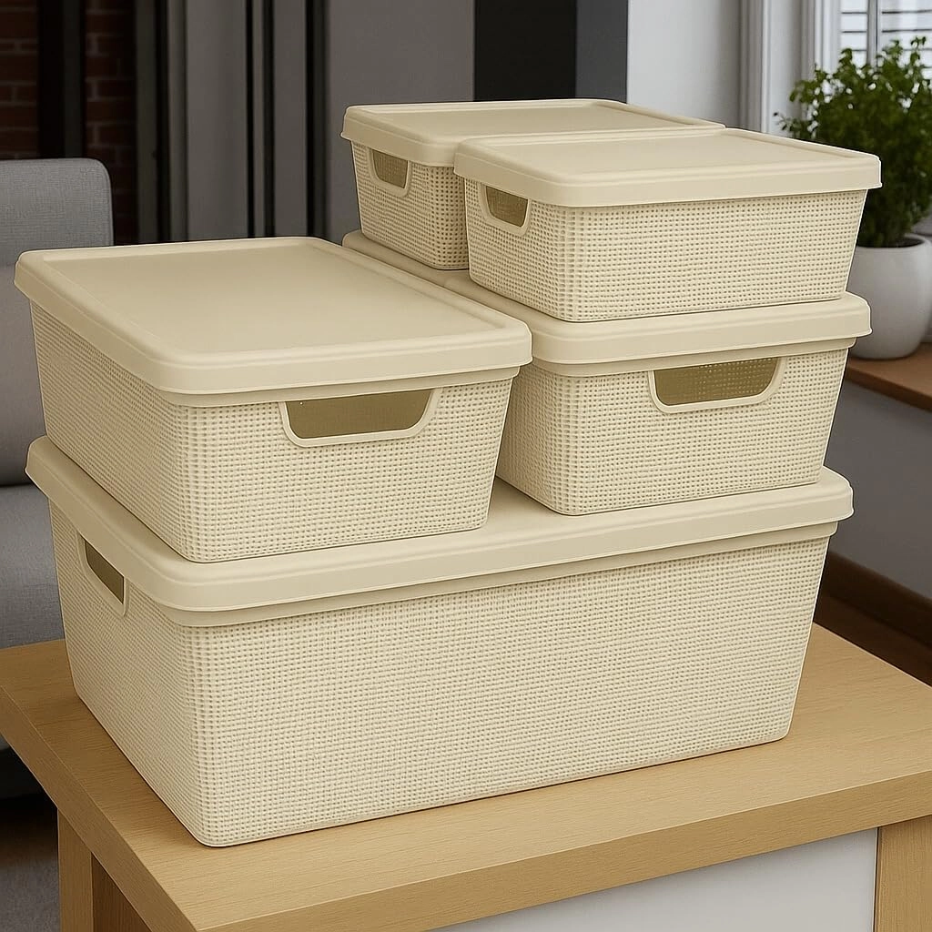 Caixa Organizadora Com Tampa Kit 5 Peças Cesto Grande Plástico Resistente Multiuso 1,8 L 5 L 15 L (Bege) : Casa