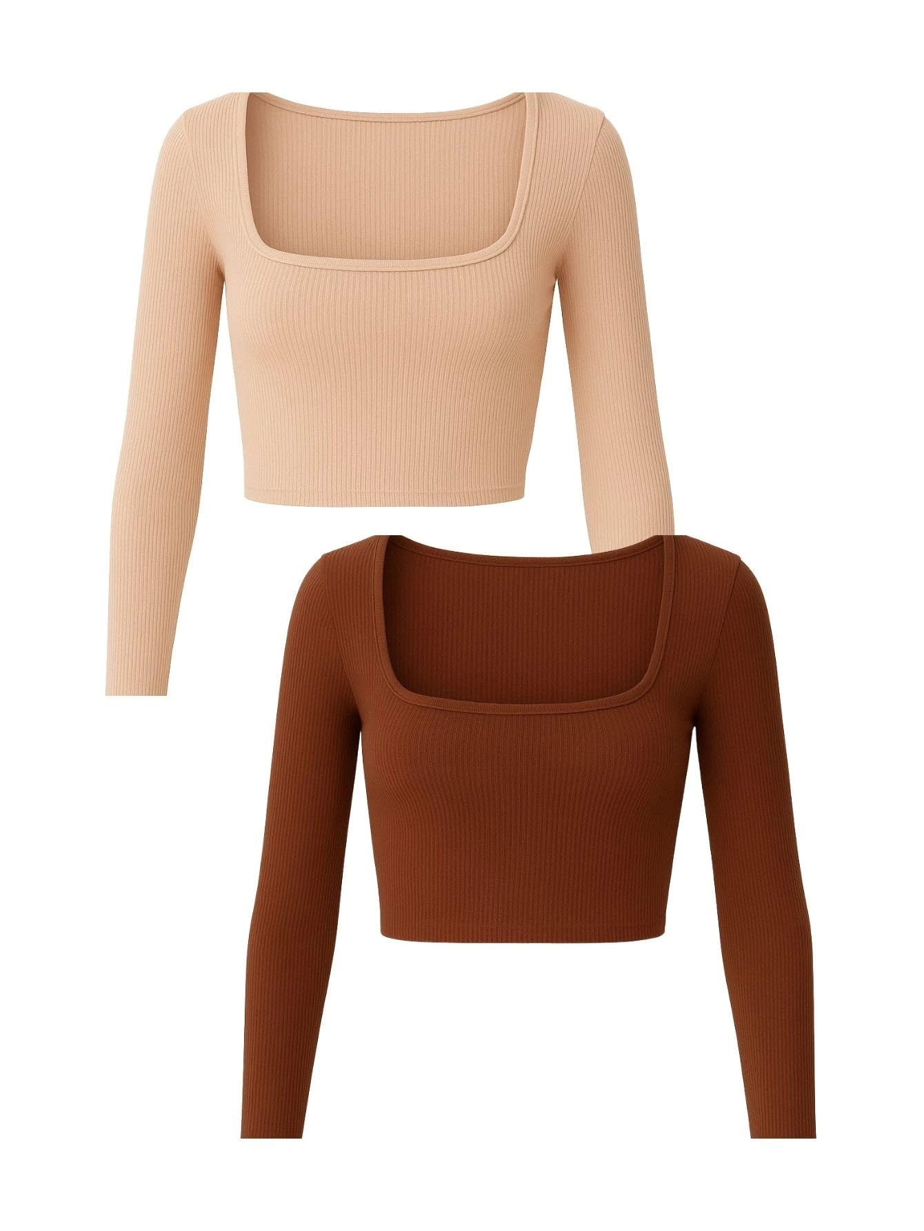 Kit 2 Cropped Feminino Manga Longa Decote em U Canelado (BR, Alfa, P, Regular, Marrom/Nude)