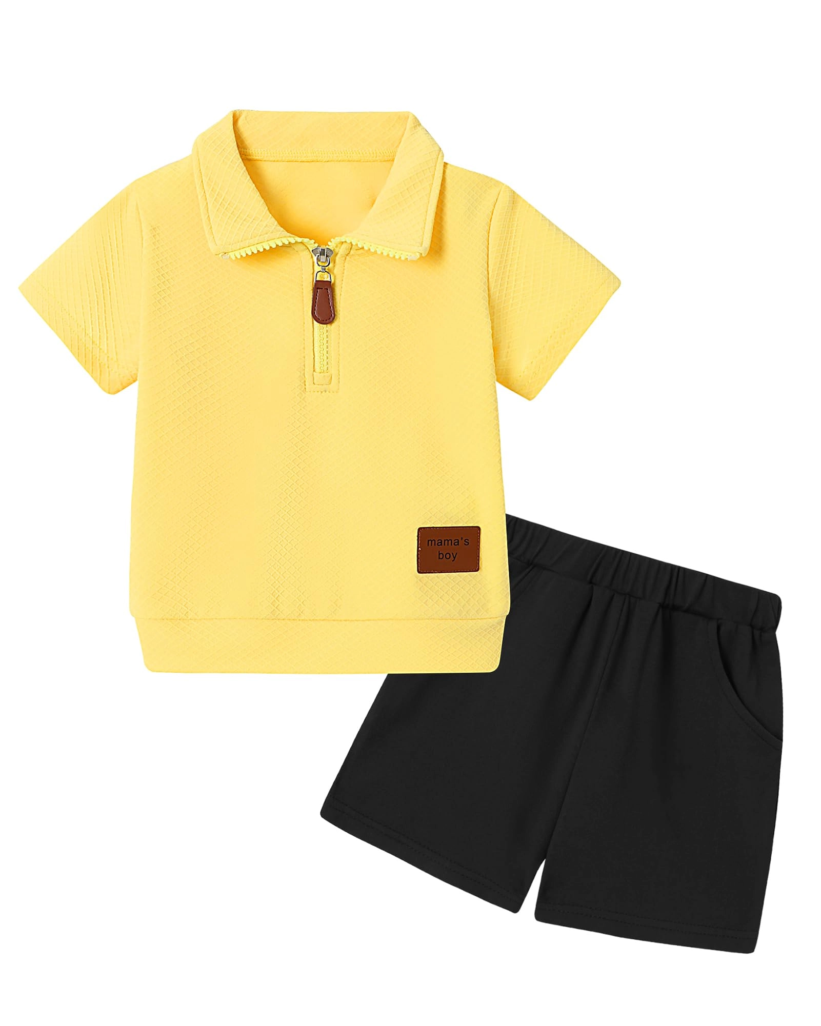 ZOEREA Conjunto de roupas infantis para meninos de verão, blusa de manga curta sólida e shorts elásticos, conjunto de 2 peças, 1-5T, Amarelo + preto, 12-18 Meses