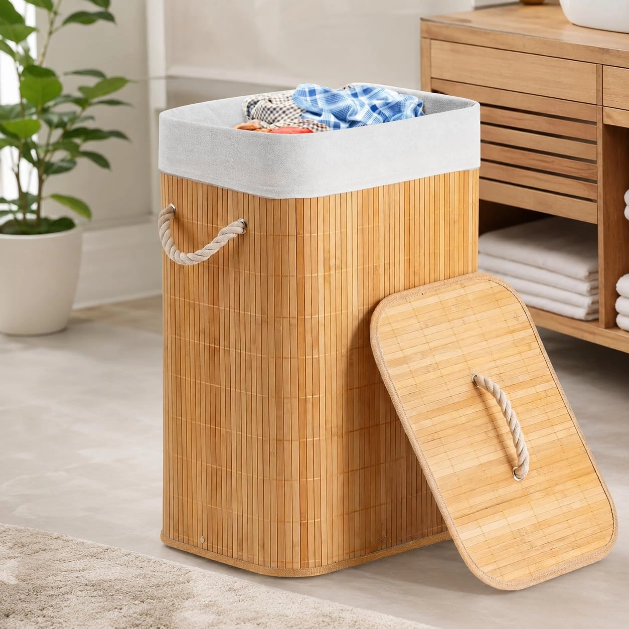 Cesto de Roupa Suja em Bambu Natural 60L com Tampa, Alças de Corda e Forro Removível – Organizador Dobrável Premium para Banheiro, Quarto e Lavanderia