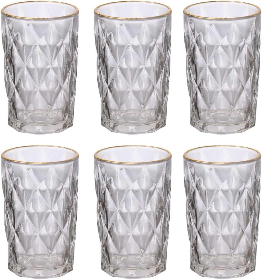 Jogo de 6 Copos de Vidro Diamond 400ml para Suco, Água e Drink Conjunto de Peças Resistente (Transparente com Borda de Ouro)