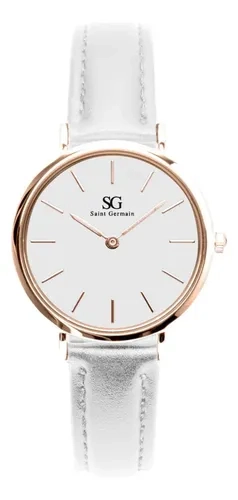 Relógio Feminino Saint Germain de Couro Branco Dourado Rosé Queens Rosé Gold 32mm Fundo Branco