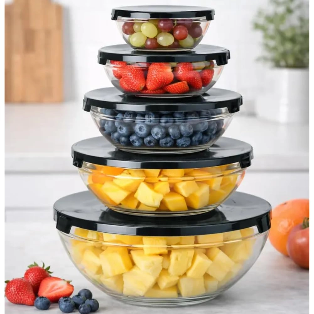 Jogo de Tigelas de Vidro com Tampa Hermética Premium Kit 5 Peças - Conjunto de Potes Redondos Empilháveis para Alimentos, Saladeira e Preparo de Receitas (Preto)