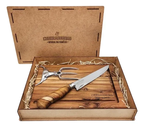 Kit Churrasco personalizado Tábua corte faca garfo com caixa