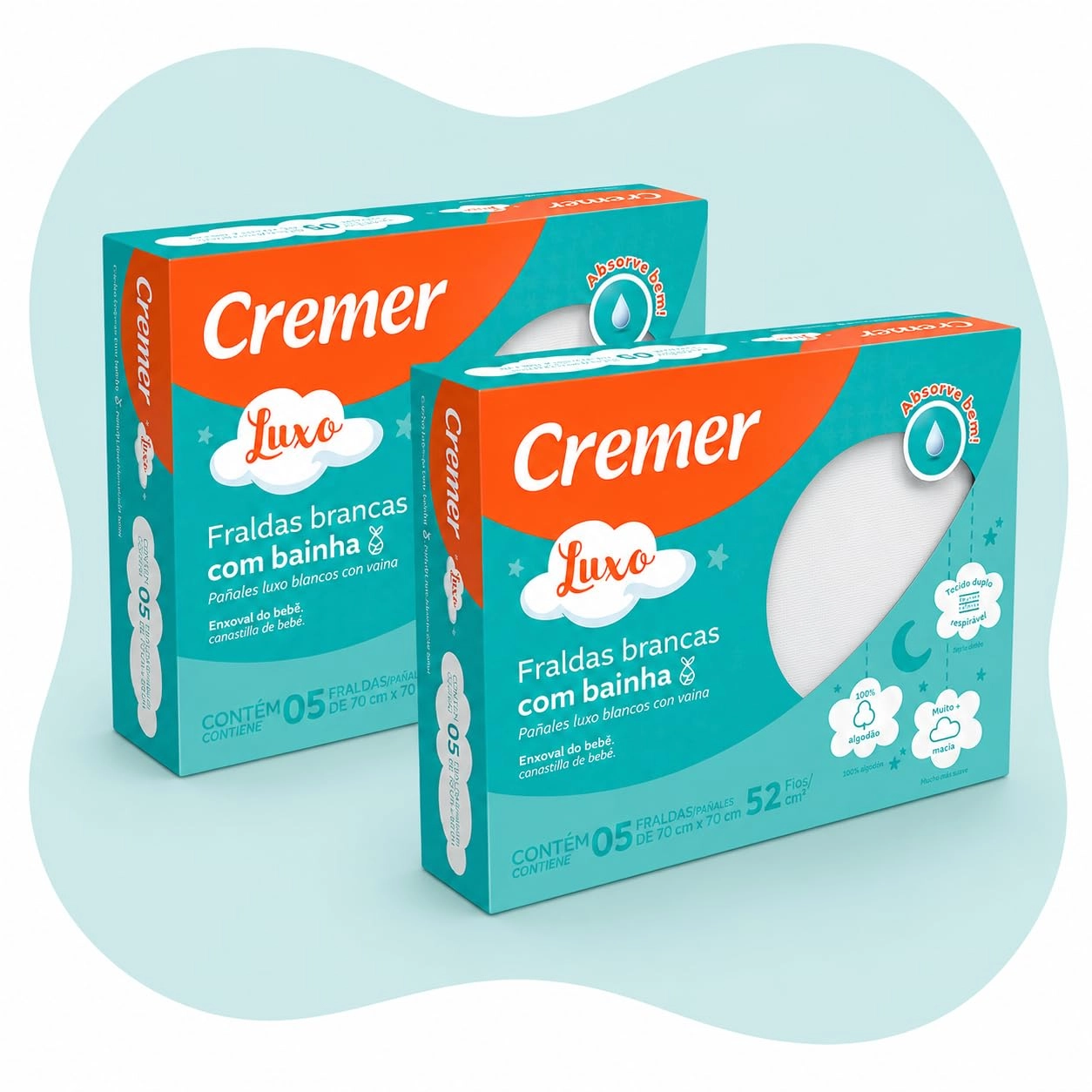Cremer Fralda de Pano Luxo Branca com Bainha, 100% Algodão, 70 x 70 cm, Kit 2 Pacotes de 5