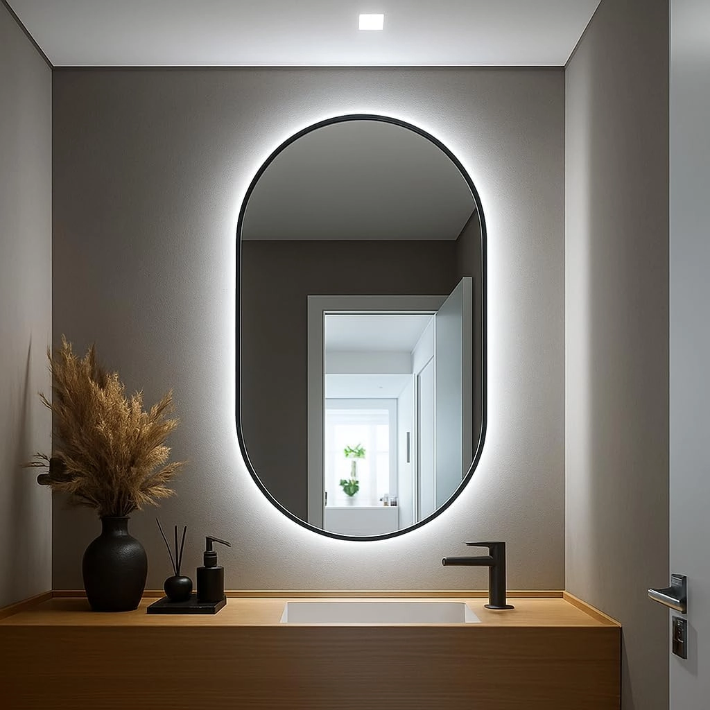 Espelho Oval com LED Branco Frio, 80x50 cm, Lapidado, Luxo Moderno, Suporte Invisível para Parede