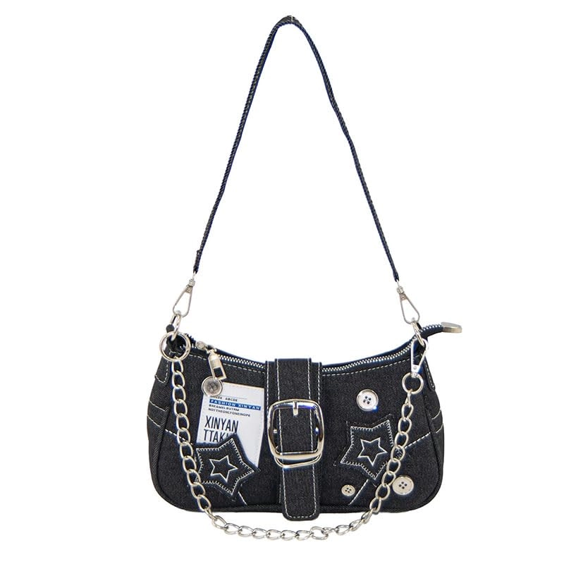 GOGOCAT Esta pequena bolsa feminina em estilo Y2K apresenta bordados de estrelas, material jeans, corrente metálica e um estilo gótico,bolsas de mão e ombro femininas | Corrente Destacável