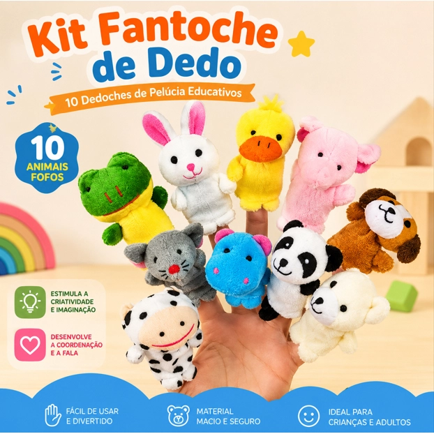 Kit Fantoche de Dedo Animais com 10 Dedoches de Pelúcia Educativos Infantil para Contação Histórias