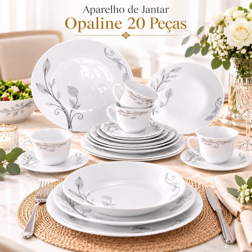 Aparelho de Jantar 20 Peças Opaline Branco com Flores Preta