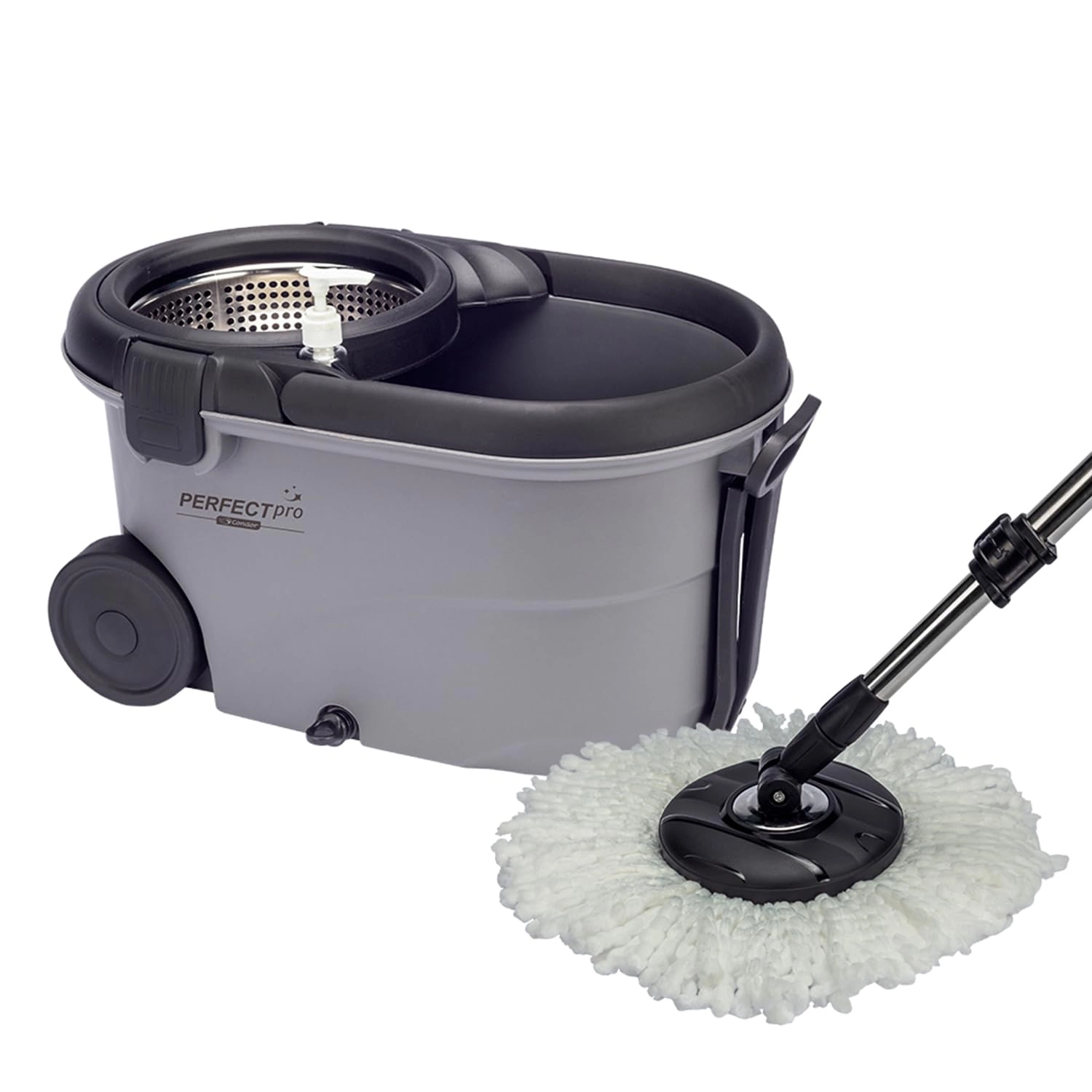 Perfect Pro, Mop Giratório, Move, Mop com Angulação de Aço Inox, Para Qualquer Tipo de Piso, Centrífuga 360 com Cesto em Inox, Não Risca, Nem Solta Fiapos, Cinza