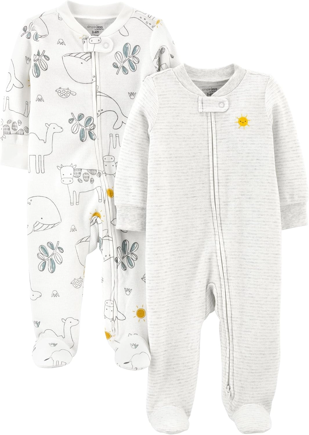 Simple Joys by Carter's Dormir e brincar com pé térmico unissex para bebês, 2 unidades, animal/sol, 0 a 3 meses, Animal/Sol, 0-3 meses